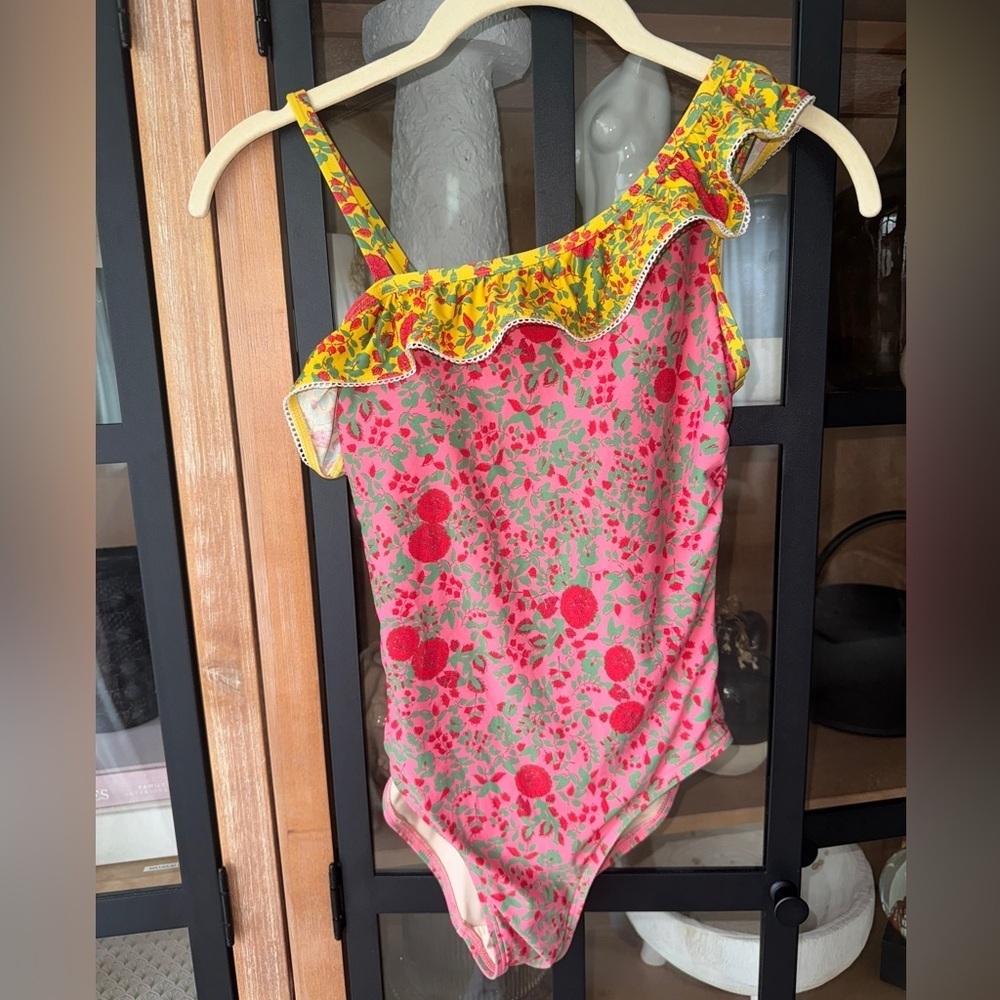 Roller Rabbit girls one piece swimsuit floral ruffle one shoulder block print